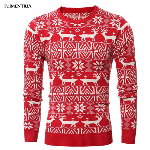 PUIMENTIUA 2019 New Christmas Style Men Autumn Winter Pullover Sweater Deer Printed Long Sleeve Thicken Warm O-Neck Sweaters Men - ren mart