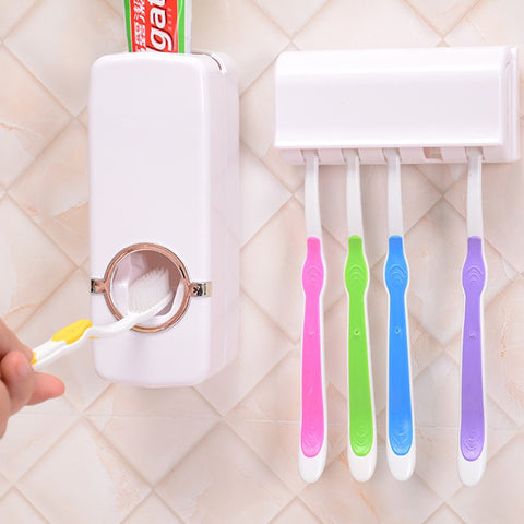 1 Set Tooth Brush Holder Automatic Toothpaste Dispenser + 5 Toothbrush Holder Toothbrush Wall Mount Stand Bathroom Tools - ren mart
