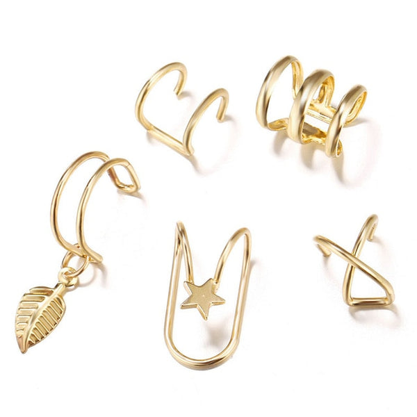 Yobest 5Pcs/Set 2019 fashion Ear Cuffs Gold Leaf Ear Cuff Clip Earrings for women Climbers No Piercing Fake Cartilage Earring - ren mart