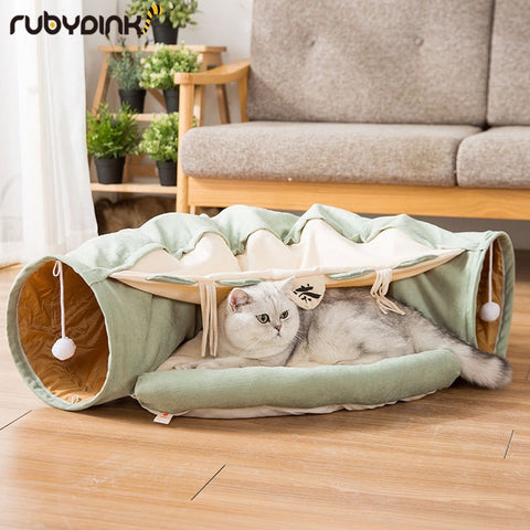 Funny Cat Tunnel bed Collapsible Crinkle Pet tent Kitten Puppy  Ferrets Rabbit interactive Toys 2 holes Tunnel  Pet cat nest - ren mart