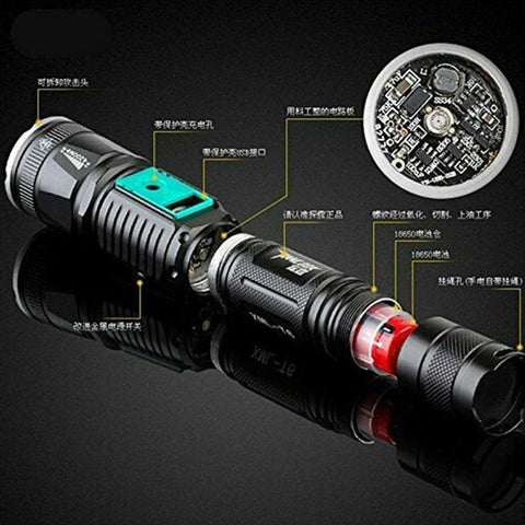 T6 Led Flashlight 40000 Lumens Lighting Zoomable Modes 18650 Battery Outdoor Penlight - ren mart