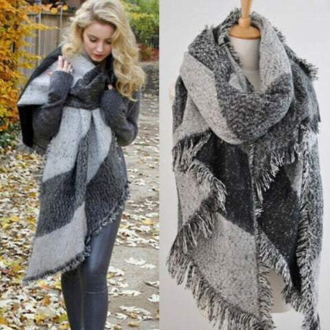 Winter Warm Fashion Large Scarves Women's Thick Long Cashmere Winter Wool Blend Soft Plaid Scarf  Shawl Wrap Plaid Scarf - ren mart