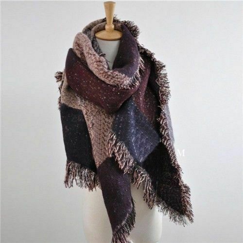 Winter Warm Fashion Large Scarves Women's Thick Long Cashmere Winter Wool Blend Soft Plaid Scarf  Shawl Wrap Plaid Scarf - ren mart