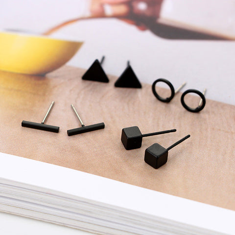 New Arrival Round triangle Shaped Silver Gold Black Color Alloy Stud Earring For Women Ear Jewelry 4 pairs - ren mart