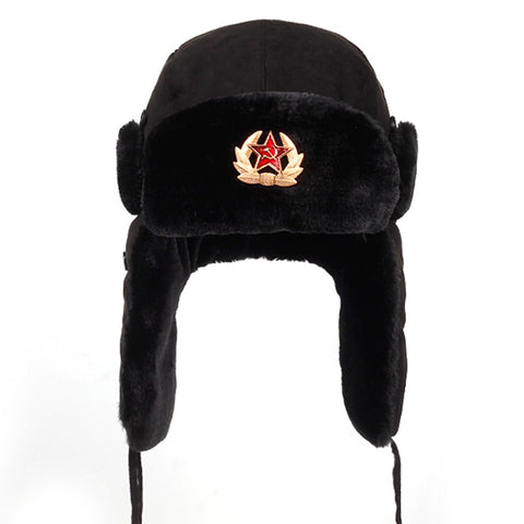 Soviet Army Military Badge Russia Ushanka Bomber Hats Pilot Trapper Aviator Cap Winter Faux Rabbit Fur Earflap Snow Caps hat - ren mart