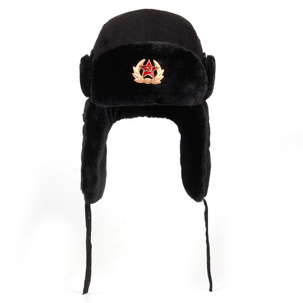 Soviet Army Military Badge Russia Ushanka Bomber Hats Pilot Trapper Aviator Cap Winter Faux Rabbit Fur Earflap Snow Caps hat - ren mart