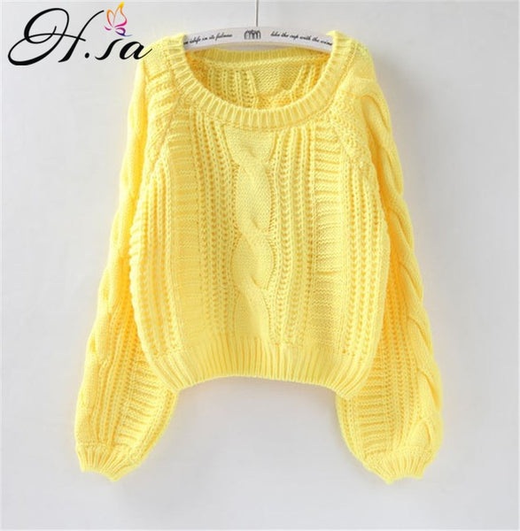 H.SA Roupas femininas Women Pull Sweaters 2018 New Yellow Sweater Jumpers Candy Color Harajuku Chic Short Sweater Twisted Pull - ren mart