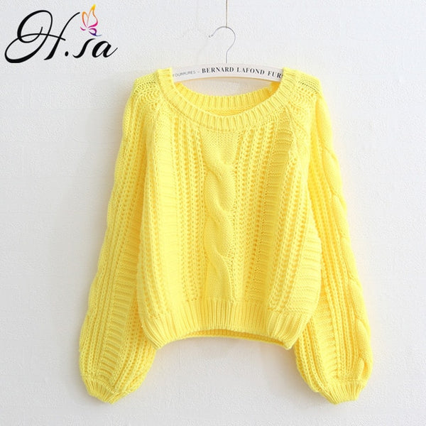 H.SA Roupas femininas Women Pull Sweaters 2018 New Yellow Sweater Jumpers Candy Color Harajuku Chic Short Sweater Twisted Pull - ren mart