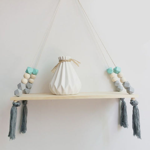 Nordic Style Wooden Bead Tassels Storage Rack Wall Rope Hanging Shelf For Decor Of Bedroom Living Room Kitchen Office New - ren mart