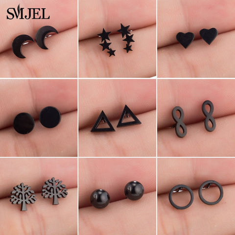 SMJEL Fashion Bohemian Vintage Earrings Jewelry Cute Black Geometric Round Stainless Steel Stud Earring Best Gift for Women Girl - ren mart